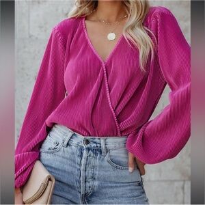 Pink Lily Women’s Fuchsia Wrap Bodysuit - Elegant V-Neck Long Sleeve Top